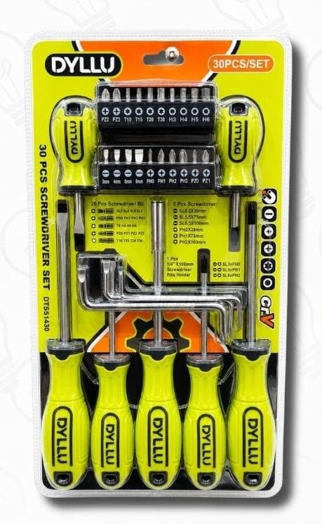 DYLLU JUEGO DE DESTORNILLADORES PLANOS Y ESTRELLAS  PUNTAS CR-V. 30 PIEZAS DTSS1430